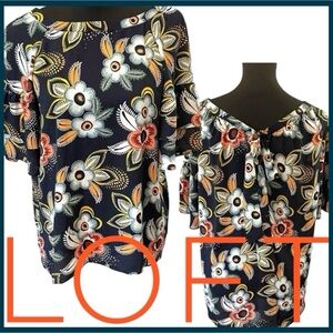 LOFT Navy Multi-Colour Floral Ruffle Sleeve Tie Back Scoop Neck Top (M)